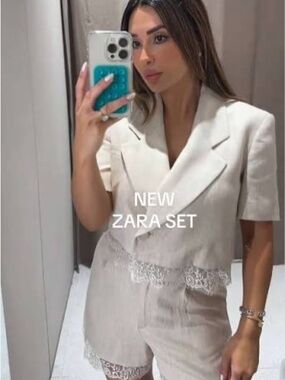 ZARA ZW SHORT LACE BLAZER & PLEATED SHORTS COORD SET SMALL S BLOGGER VIRAL
